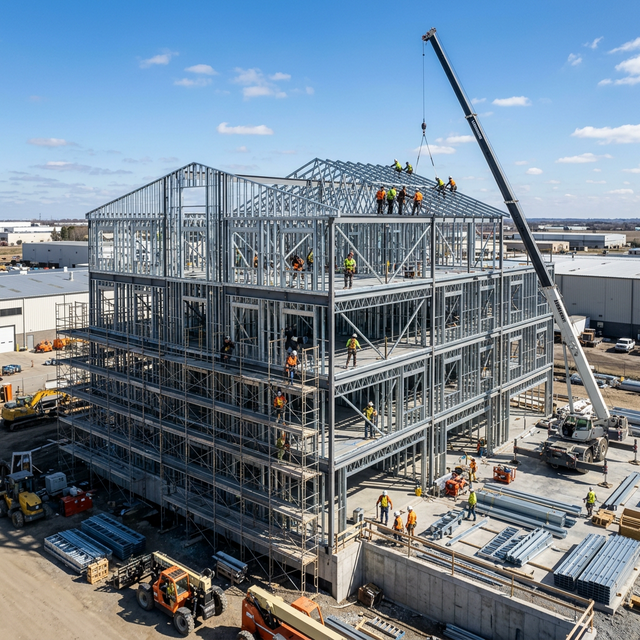 Commercial industrial steel frame building under construction
