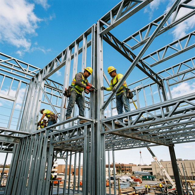 Steel frame assembly process at a California construction site